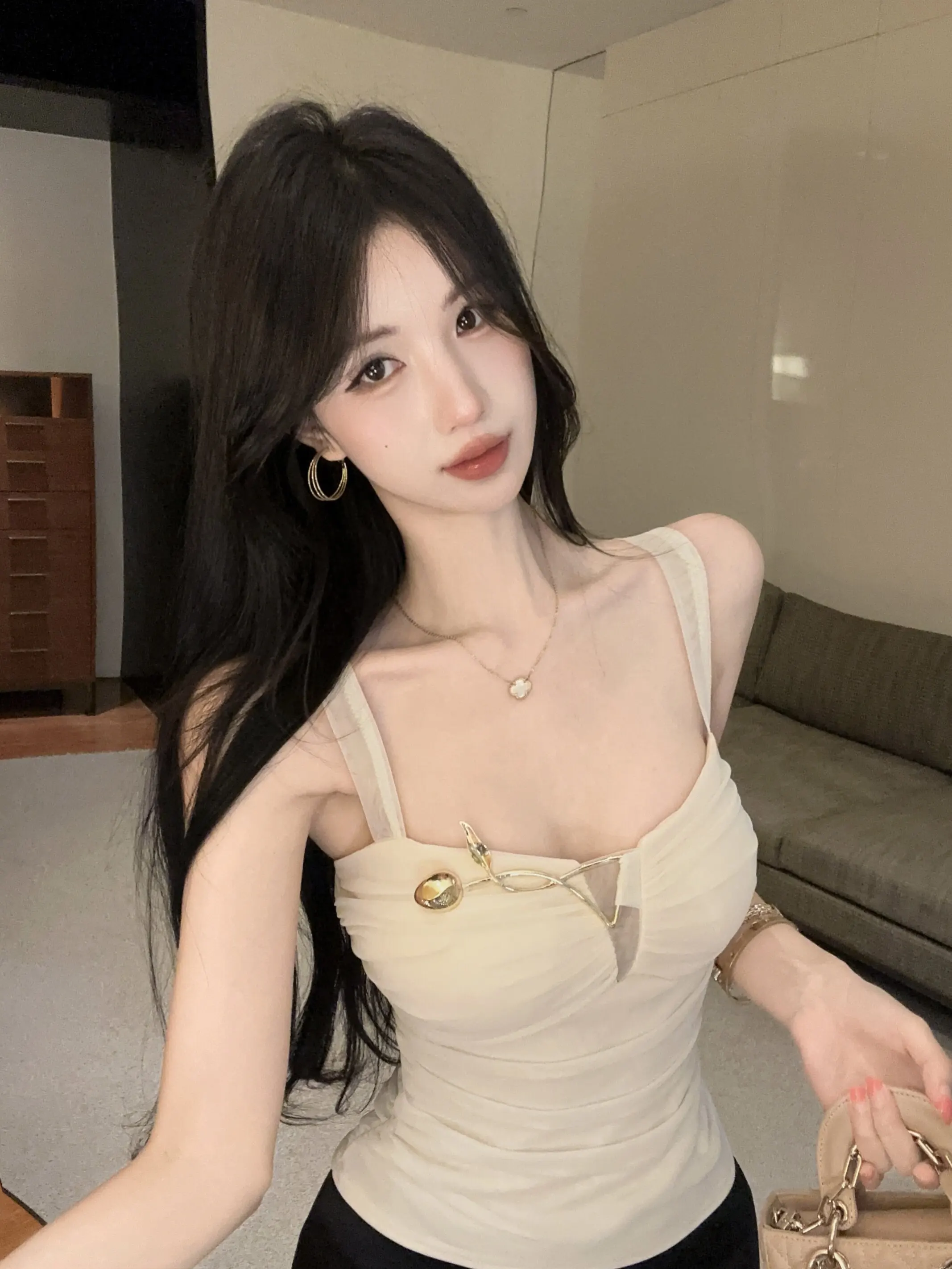 Elegant Lace Strap Vest Women's Outerwear Spicy Shoulder Baring Tube Top Sensual Short Sleeve Square Collar Inner Lined