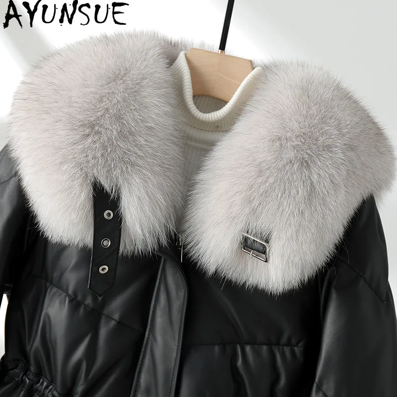 AYUNSUE 100% 여성용 진짜 양가죽 재킷, 90% 화이트 구스 다운 코트, 여우 모피 칼라, 한국 패션, 루즈 가죽 재킷