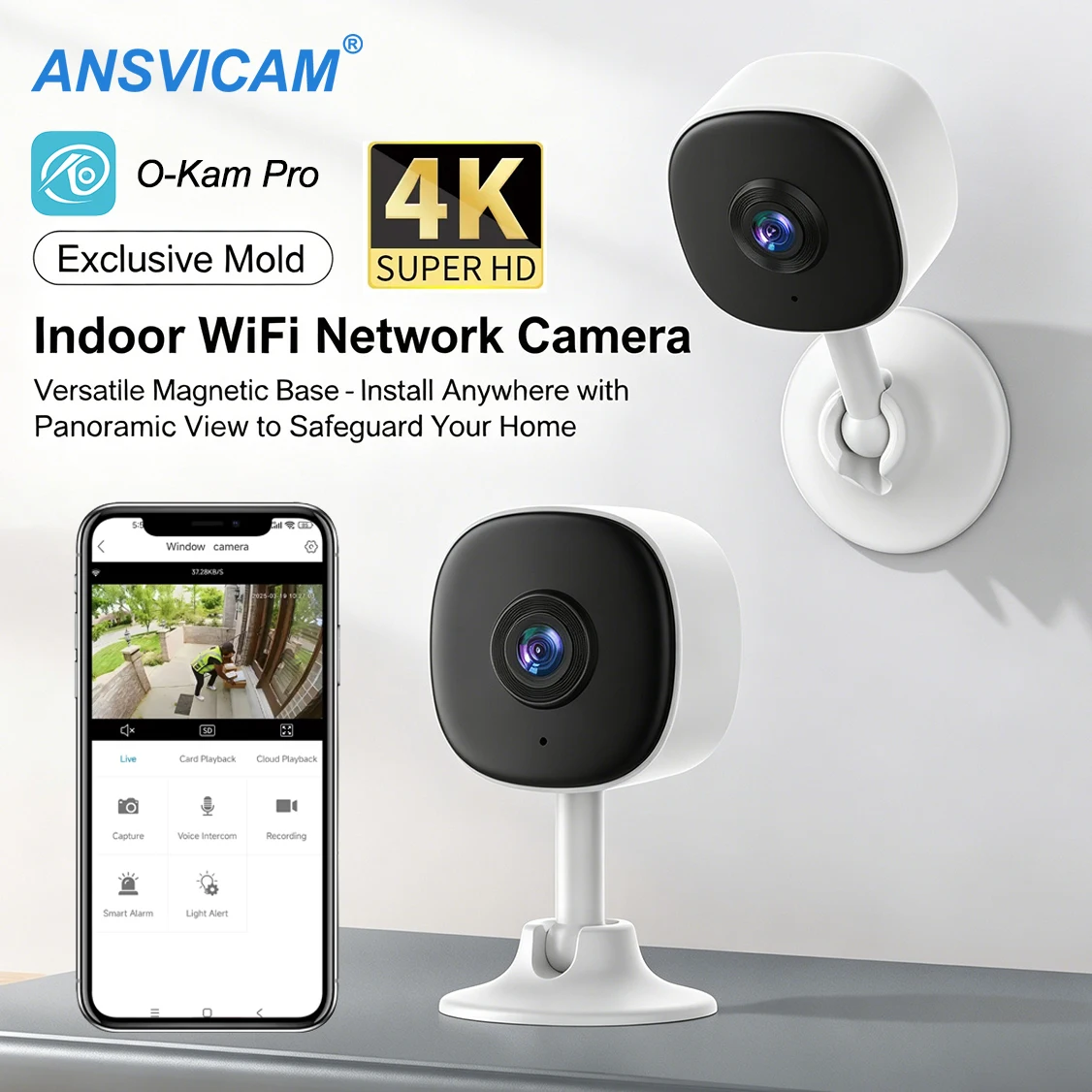 O-Kam Pro 4K Mini Security Camera - 360° Rotating WiFi Indoor Cam with Night Vision, Smart Home Monitoring for Home Protection