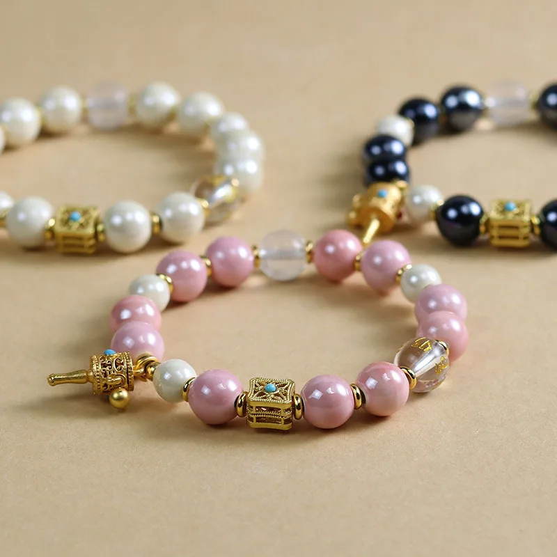 Ceramic Ash Glaze Glass Bracelet Women High End Wealth Luck Buddhist Prayer Beads Handmade Blessing Fortune Prosperity An Amulet