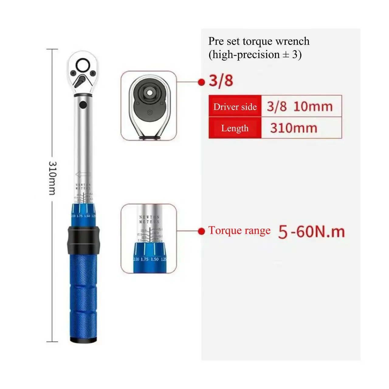 1/4 "3/8" 1/2 "Drive Verstelbare Momentsleutel 5-210Nm Vooraf ingestelde Bougie Tool met Draaibare Kop voor Auto Fiets Reparatie