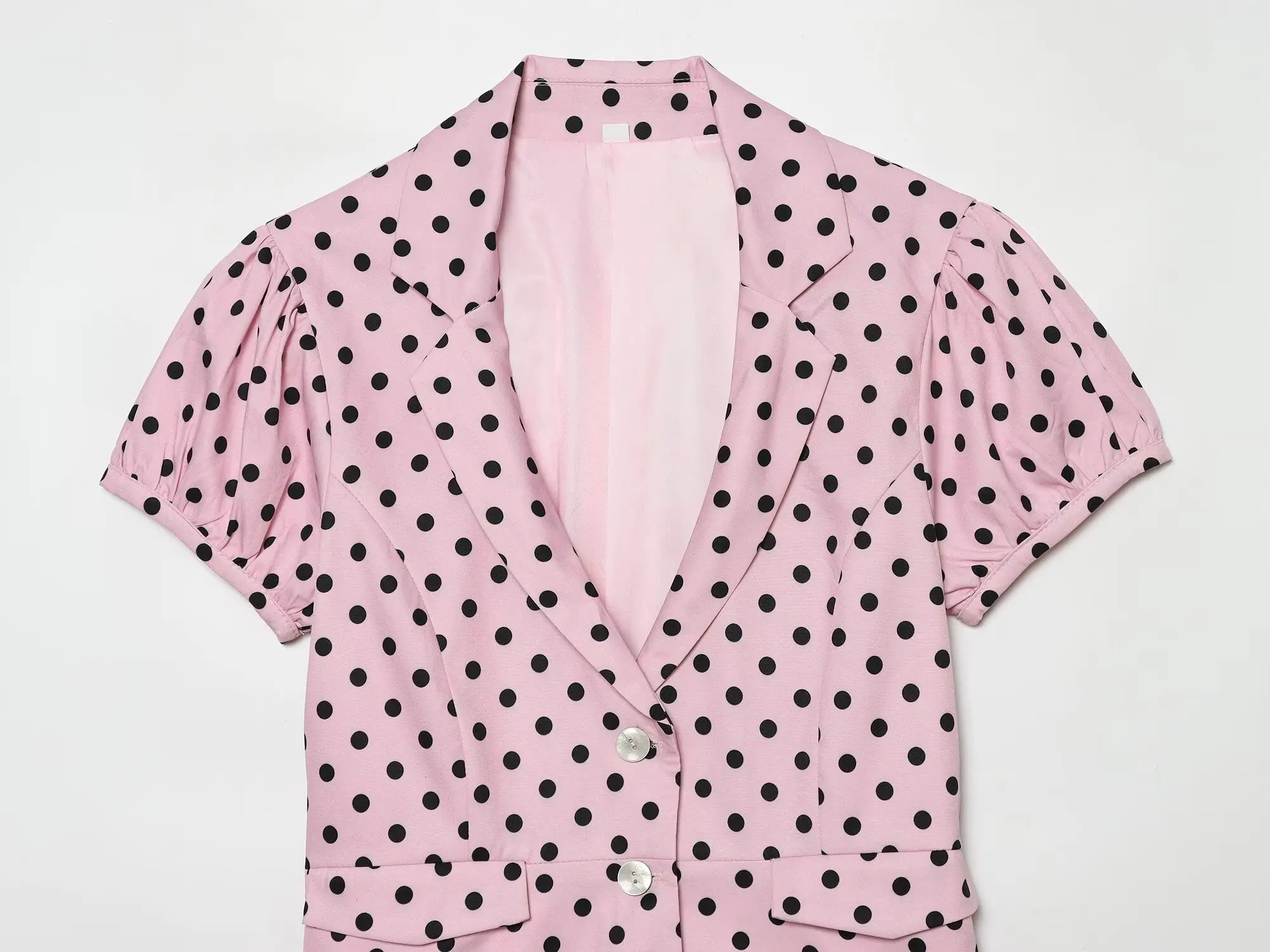 TFMLN 2026 Sommer Damen Kurzarm-Jacke Neu Rosa Gepunktet Schick Tiefer V-Ausschnitt Slim Fit Mantel Modisch Urlaub Lässig – Detail 4