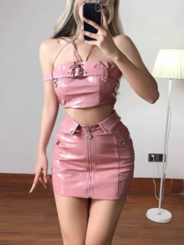 Fashion Sweet Pink Strapless Vest for Women+ Y2k E-Girl High Waist Bodycon Leather Skirts 2024 Summer New Two Piece Sets