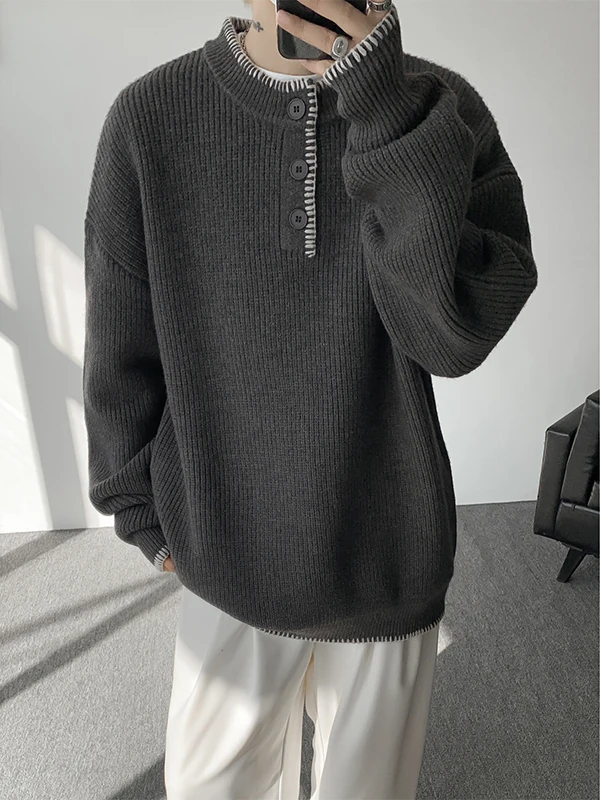 

Мужской вязаный свитер Cleanfit Lazy Style с воротником хенли, свободный крой, теплый, из полиэстера, с длинными рукавами, повседневный, модный, зимний