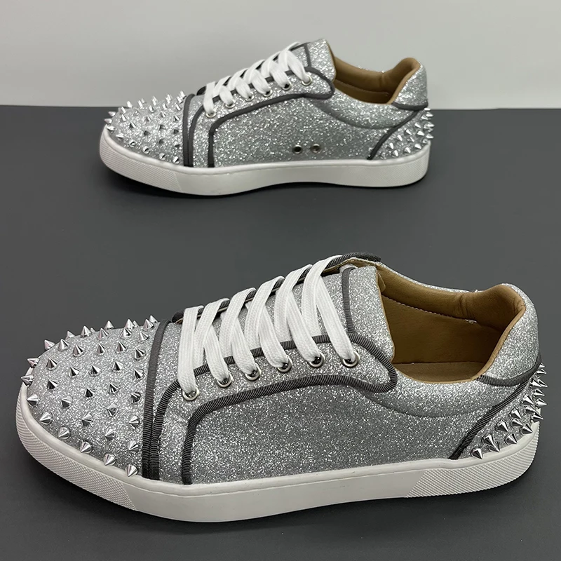 men's fashion hip hop rock rivets shoes silver soft leather studded shoe flats platform spikes sneakers designer trendy footwear