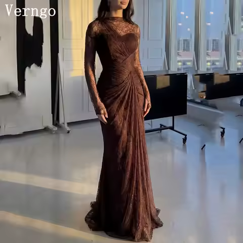 Verngo Brown Lace Evening Dress High Neck Full Sleeves Mermaid Prom Gowns Pleated Arabia Formal Occasio Dress Customized