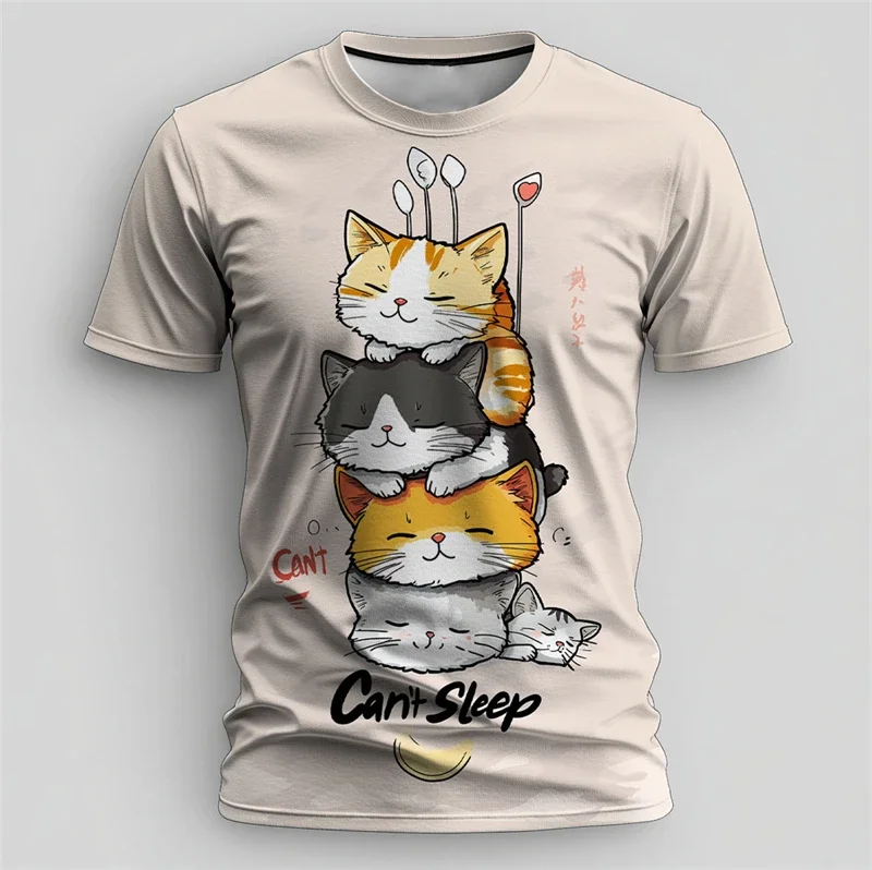 Cute Stacked Sleepy Cats Cartoon Print T‑Shirt for Men Can't Sleep Letter Graphic Short Sleeve Casual Street Tee Funny Tees