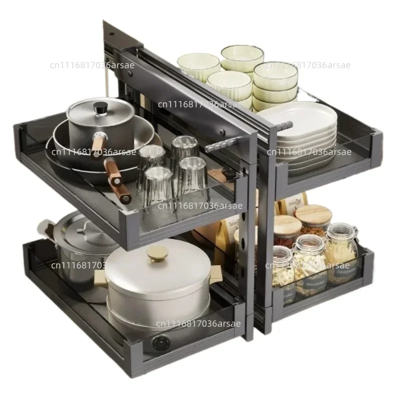 Kitchen Universal Magic Corner Cabinet Blind Angular Oscillation Tray Pull Out Cabinet Magic Corner Glass Gray Basket