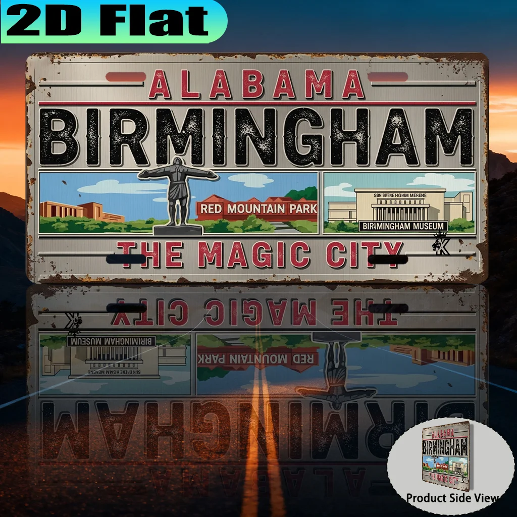 2D Flat, 1pc Birmingham Magic City Vintage Aluminum License Plate Sign, Vintage Urban Style, Travel Enthusiast Gift