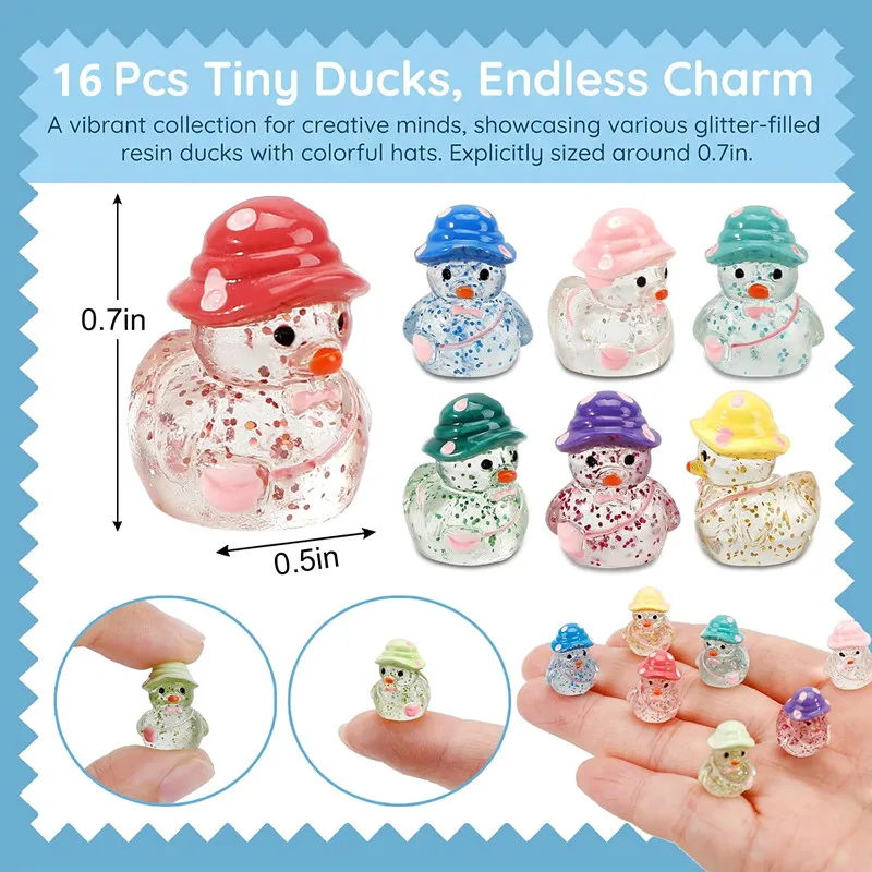 16Pcs Glow In The Dark Mini Resin Ducks Glitter Tiny Duck Figurines Fairy Garden Dollhouse Mini Landscape DIY Crafts Decor Gifts