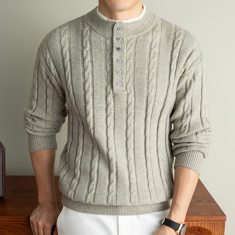 Personality button round neck knitted sweater men's fashion luxury fake two-piece thickened warm autumn winter casual pullover