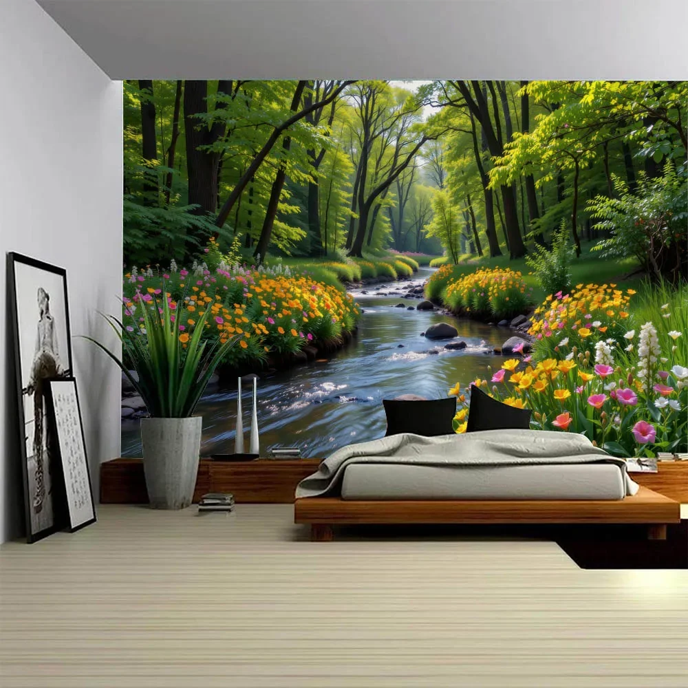 Jungle Creek Waterfall Polyester Tapestry Wall Hanging Decor Natural Landscape Artwork for Bedroom Living Room Home