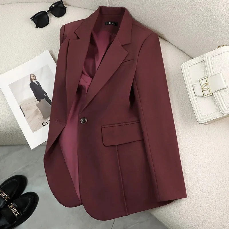 

Осенне-зимний женский блейзер: бежевый, черный, красный, с длинным рукавом, однотонный, свободный, деловой пиджак/жакет