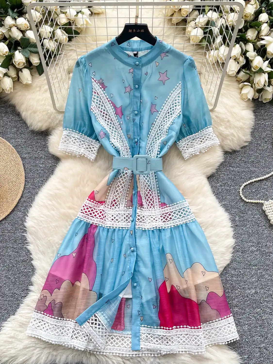 

Women Blue Lace Patchwork A-line Dress Elegant Mori Girl Dresses Y2k Short Sleeve Sundress Robe One Piece Frocks Clothes Summer