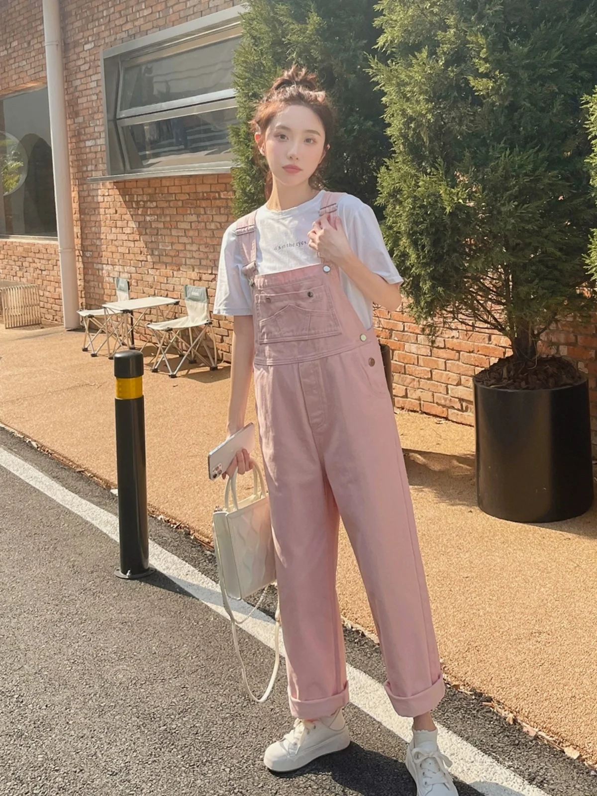 

Розовый джинсовый комбинезон, женский летний комбинезон 2024, новинка Cool Salt System, милый свободный комбинезон с широкими штанинами, однотонные длинные брюки с высокой талией