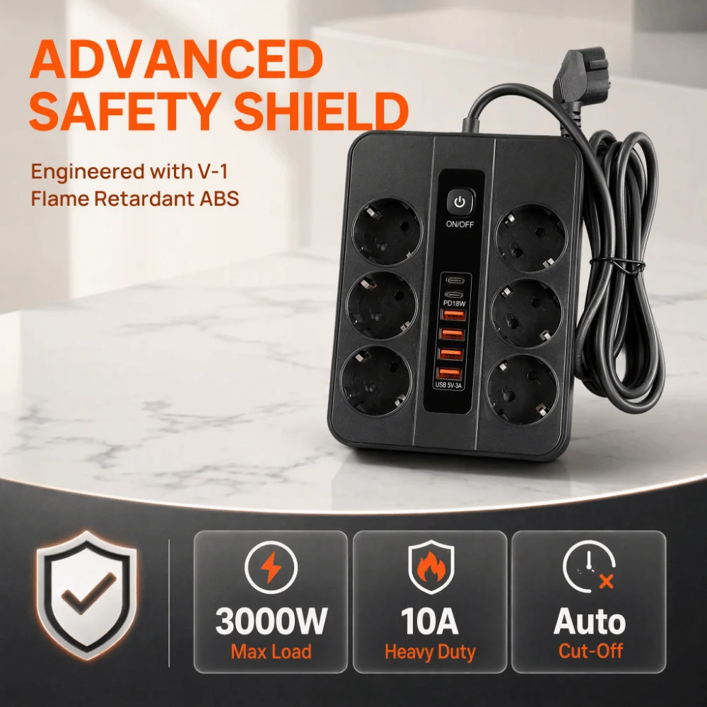 3000W EU Power Strip Dual USB Port Copper Conductive USB Power Strip Multi-function Overload Protection USB Socket Office Work