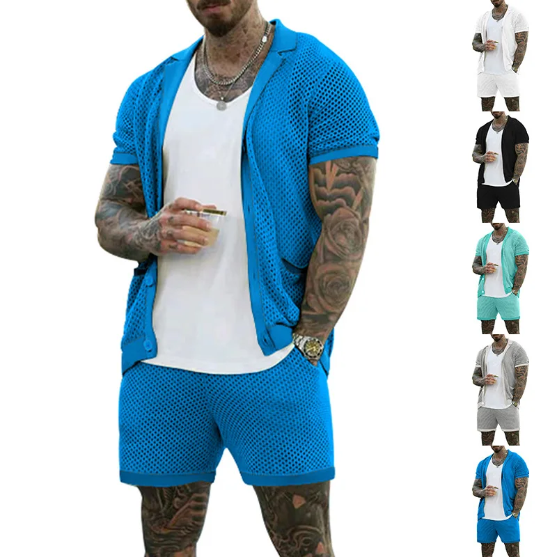 2026 Sommer Herren Ausgehöhltes Dünnes Zweiteiler-Set: Kühles, Atmungsaktives Kurzarm-Oberteil mit Passenden Shorts – Lässiges Alltagsoutfit im lockeren Schnitt – Detail 3