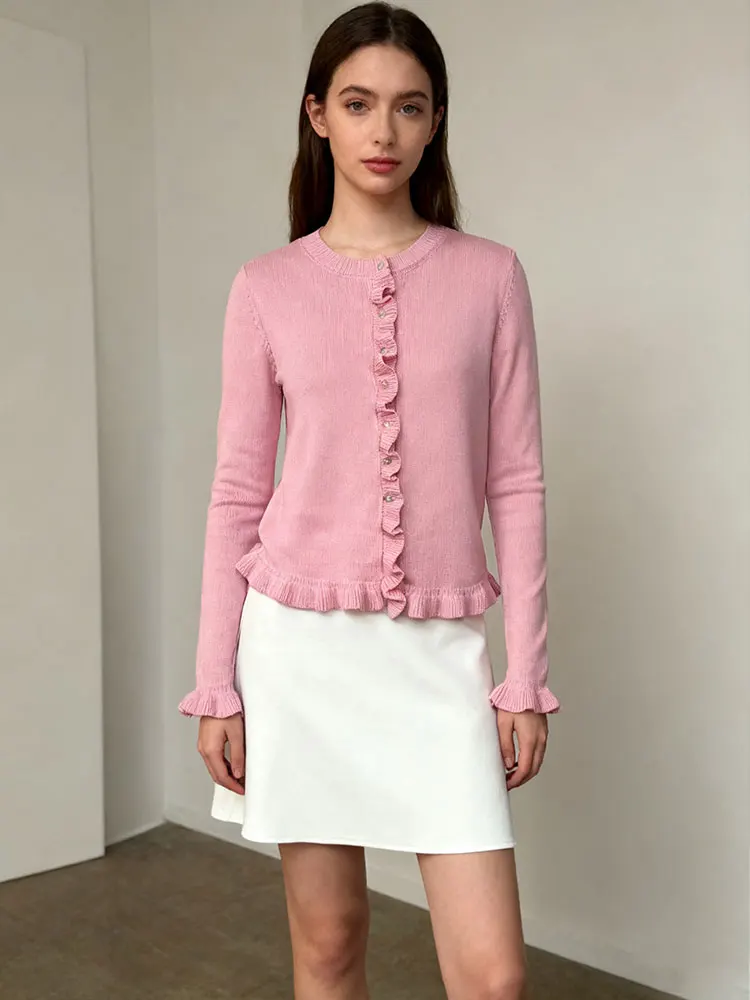 

Новый корейский элегантный кардиган с пуговицами и рюшами, повседневный женский свитер, блузка, осень-зима, мягкий розовый теплый топ, топ для вечеринки на выход