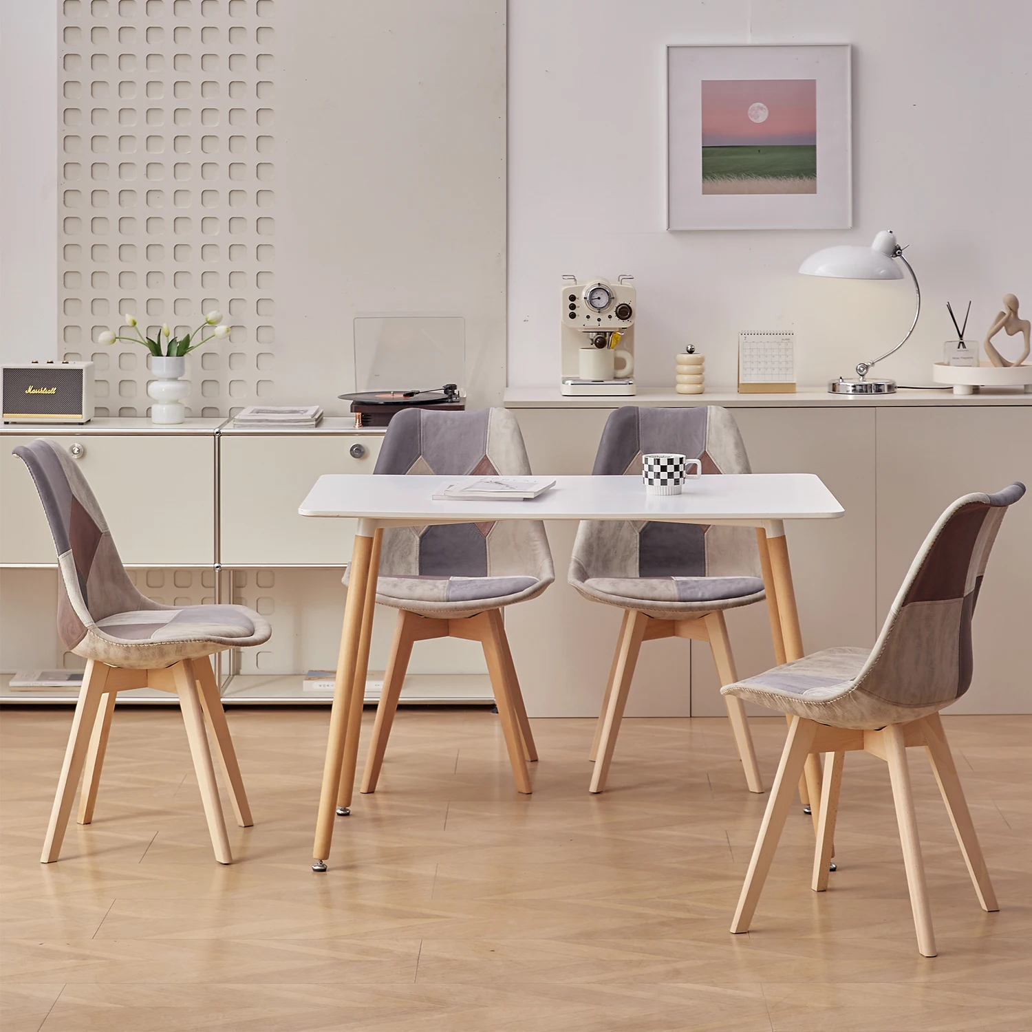 EGOONM zestaw 4 krzesła do jadalni patchworkowych krzeseł z drewnianymi nogami i wyściełanym siedziskiem do kuchni salon tkaniny technicznych