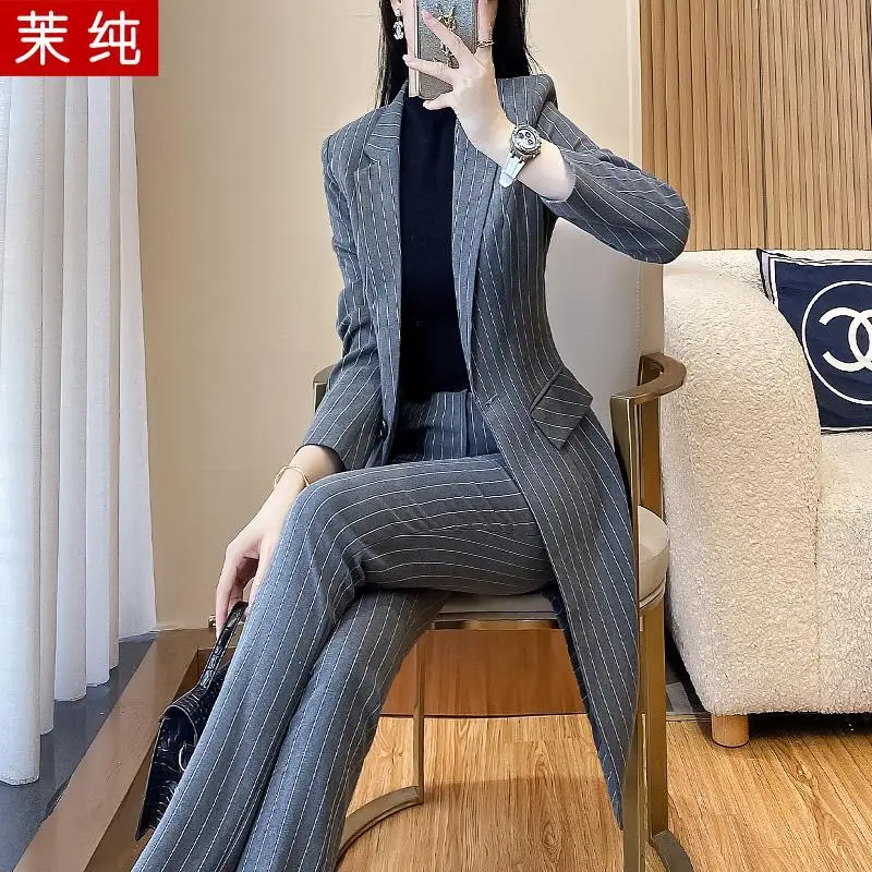 2-G5  Fashion suit for women 2023 new black stripes capable temperament professionmal windbreaker long suit two-piece suit