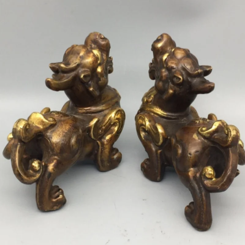 Antique Copper Pixiu Statue Pair - Oriental Wealth Attracting & Ward Off Evil Display, Feng Shui Craft, Home Desktop Collectible