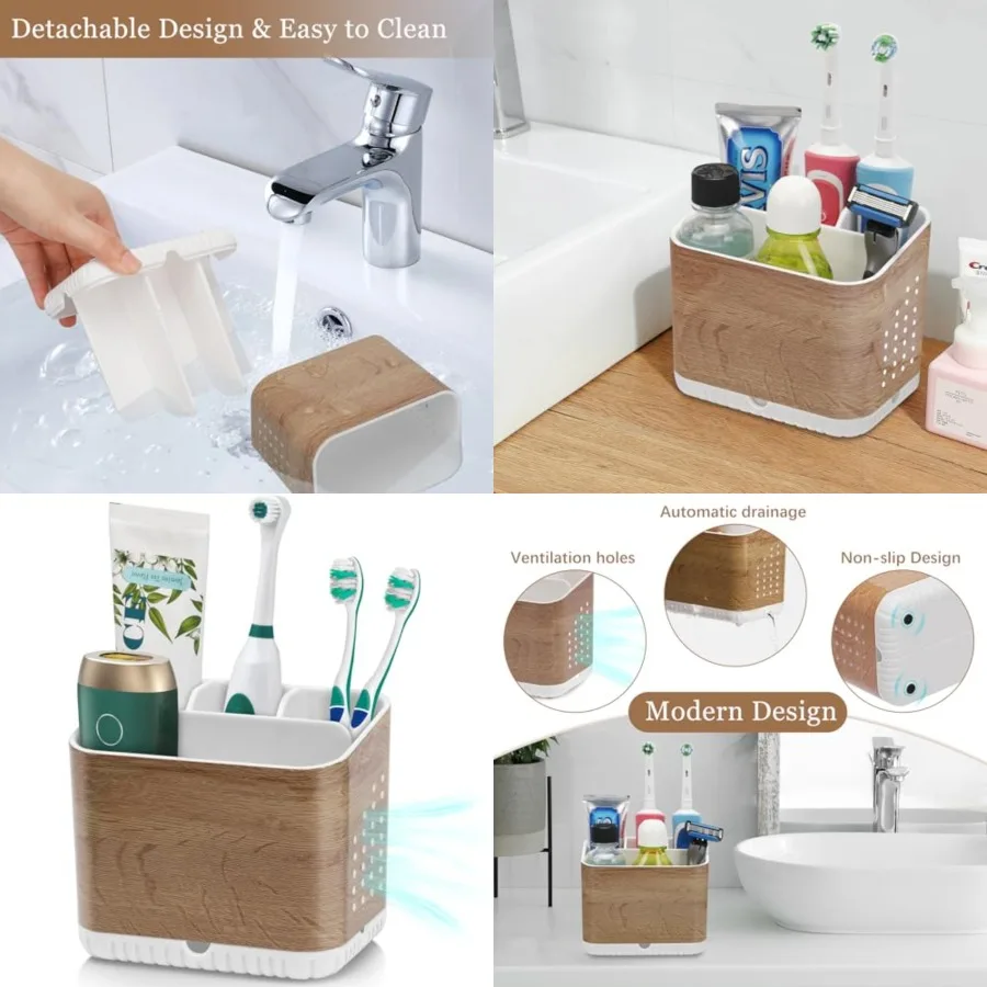 

Toothbrush Holders for Bathrooms, Kids Electric Toothbrush and Toothpaste Holder, Toothbrush Caddy Organizer, 4 Slots Tooth Brushing Stand for Bathroom Organizer Countertop (Wood Grain)