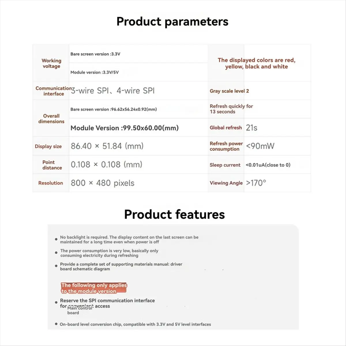 L63A  RPi 3.97inch E-Paper Display HAT SPI 800x480 Red/Black / White/Yellow for STM32 Nano B