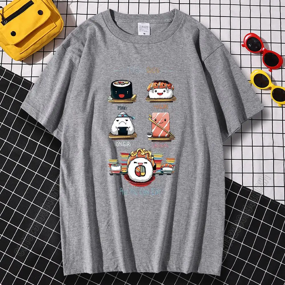 All Can Eat Cute Sushi Cartoon Print Tshirts Mens 100% Cotton Casual Tops Hip Hop Oversize T-Shirts Casual Menswear Newest