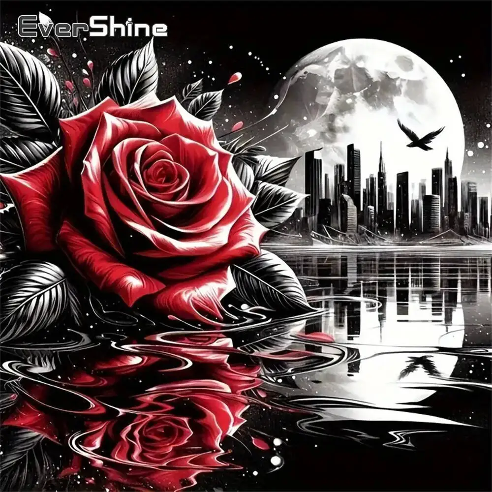 Evershine Diamant-Mosaik, Rosenblume, voll, quadratisch, rund, Gemälde, Mond, geeignet für Anfänger, Stickerei, See, Heimdekoration