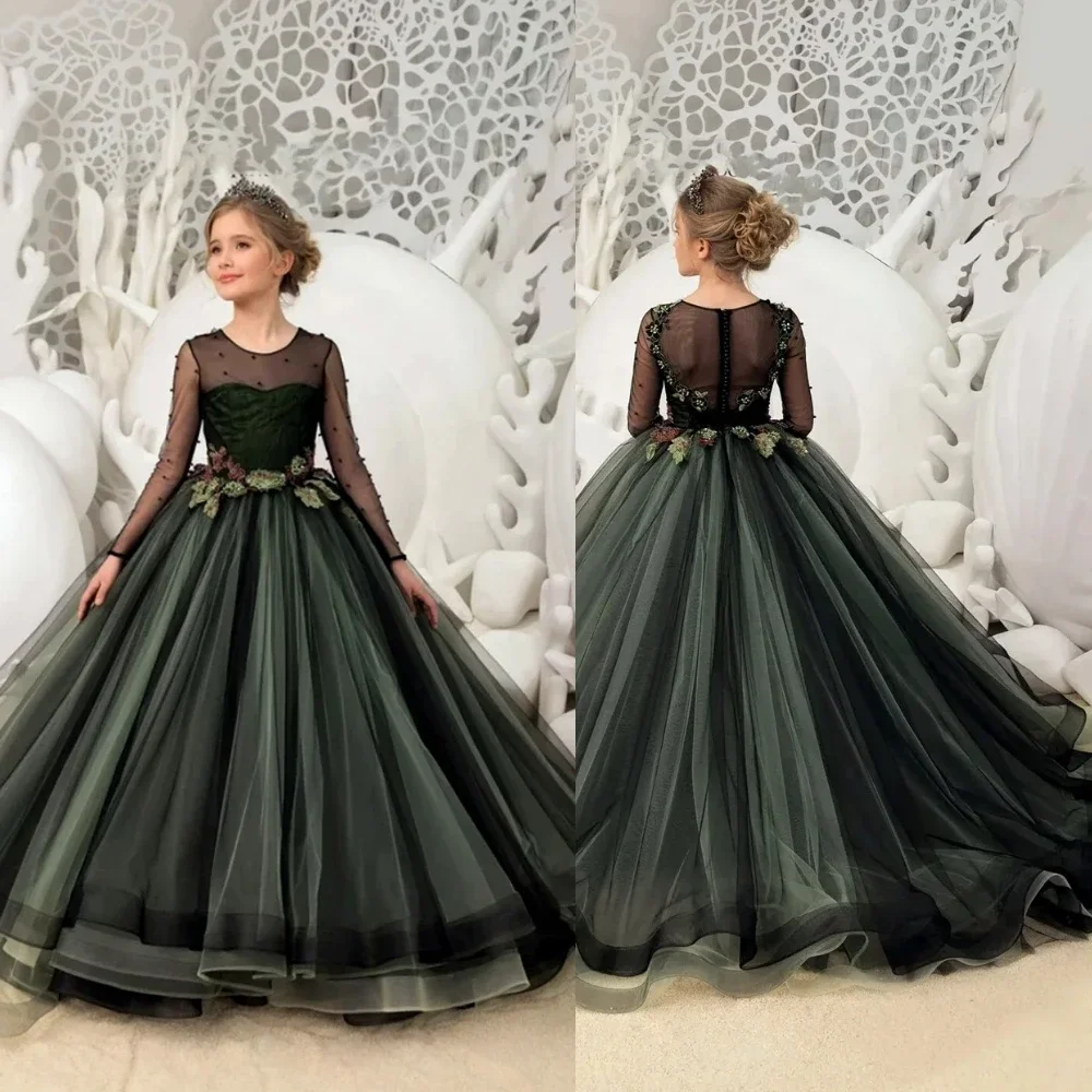 

Luxury Green Flower Girl Dress Full Sleeve Kids Birthday Gift Pageant Long Appliques Black Sage Tulle Child Wedding Dresses