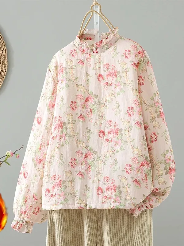 

Korean Sle Floral Print Cotton Sweatirt Women's Fre Flower Collar Jaet Winter Casual Comfortable Long Sve Top