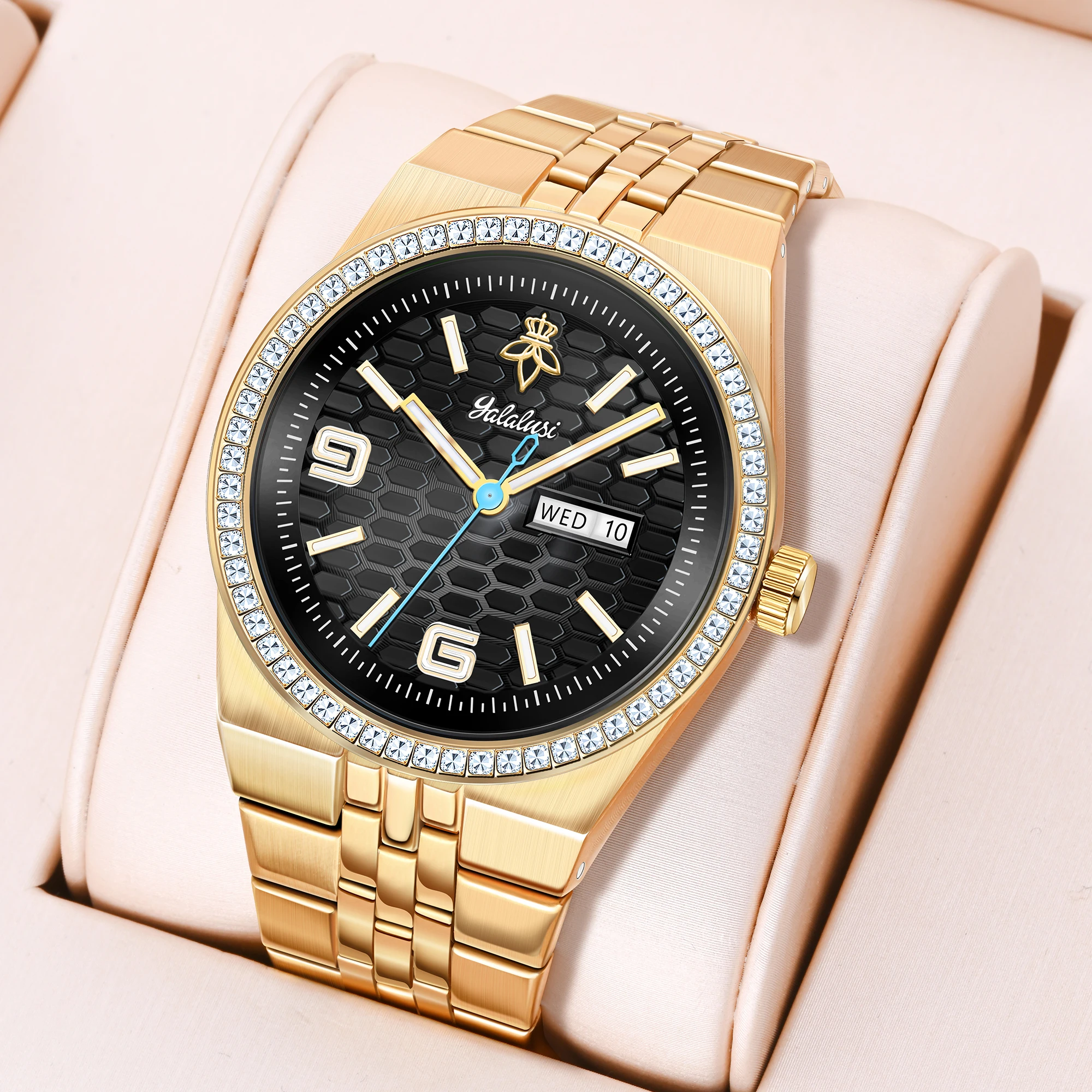 

YaLaLuSi Бренд 1, мужские деловые кварцевые наручные часы, стильные роскошные золотые часы с двойным дисплеем даты для вечеринок и костюмов, мужской подарок