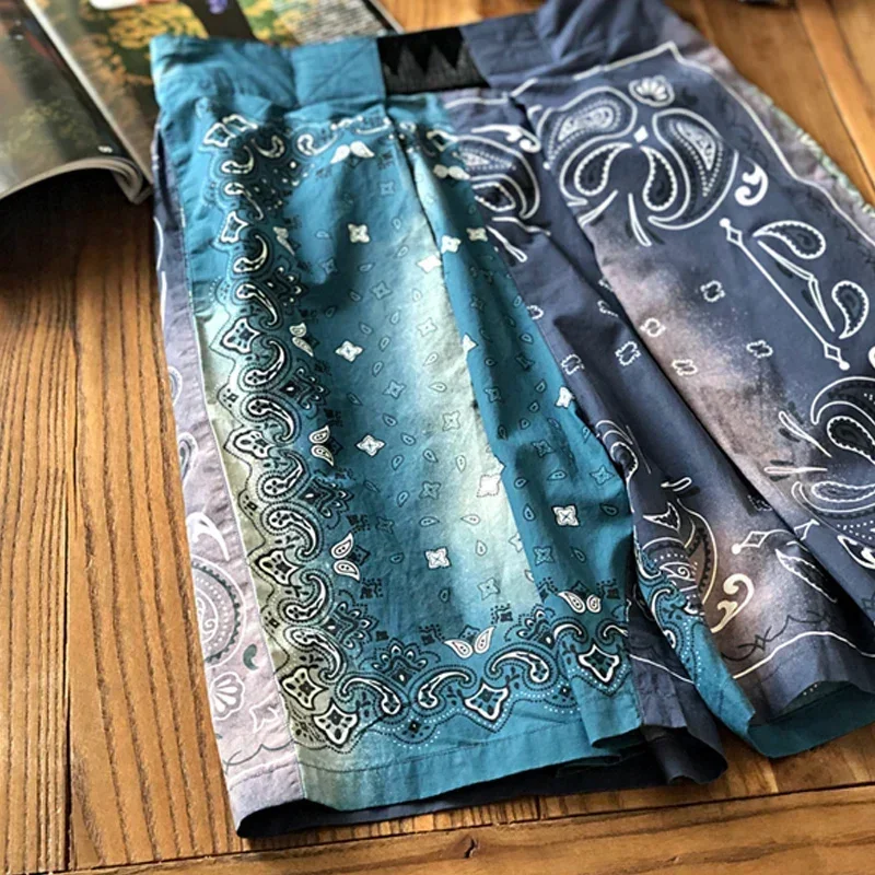 Japanese Star Tie Dyed Cashew Blossom Patchwork Contrast Shorts with Variable Tightness Summer Loose Printed Pants Men