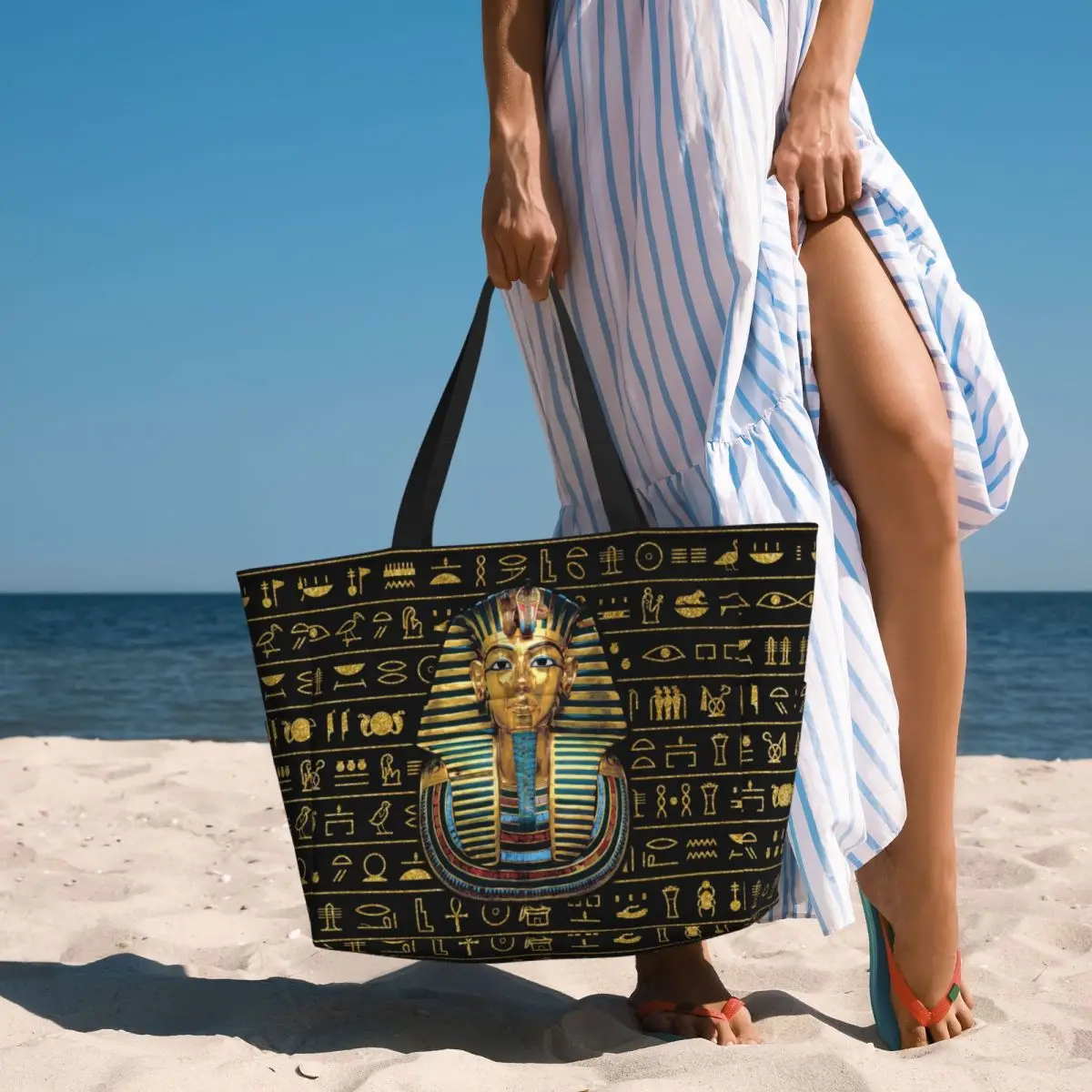 Custom Large Ancient Gold Pharaoh Egypt King Tut Tote Bag for Women Egyptian Hieroglyphs Shopper Shoulder Gym Beach Travel Bag