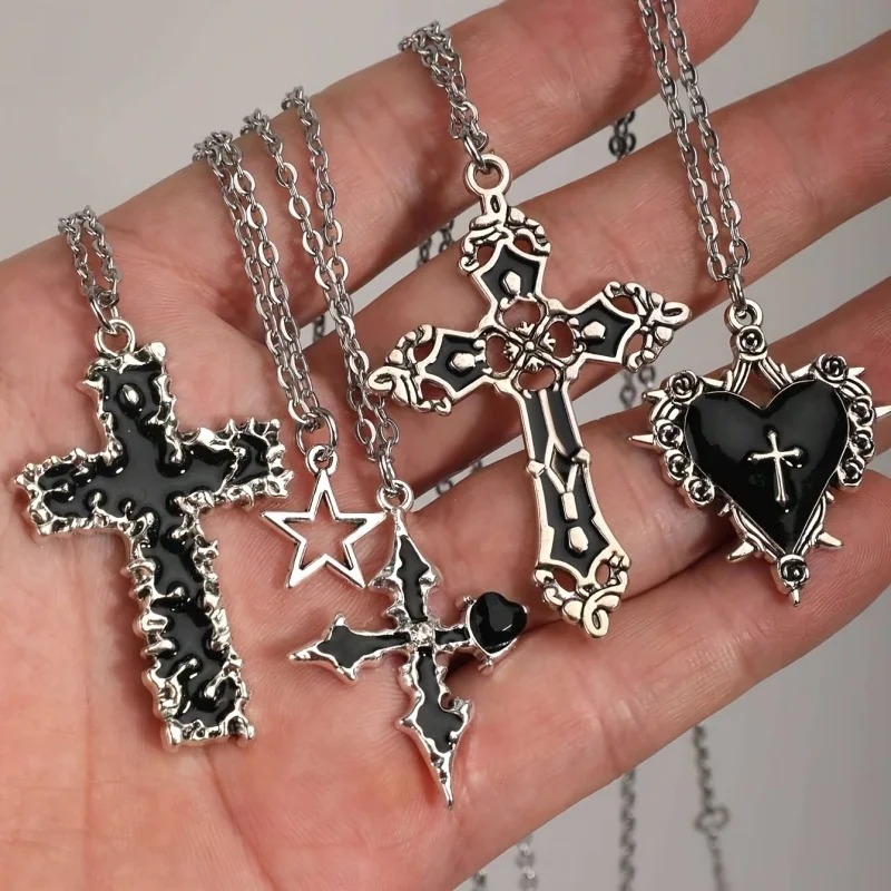 4-piece Gothic punk cross necklace set with thorns, irregular crosses, empty star shaped thorns, roses, black heart pendant jewe