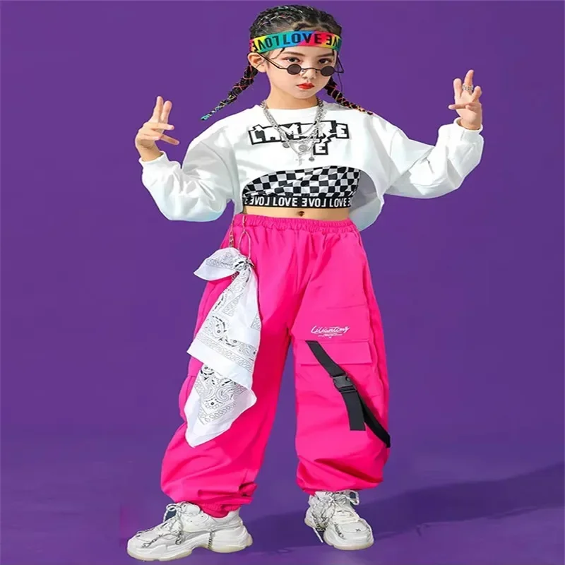 Crop Top Bambino Streetwear Cheerleader Solid Jogging Bambini Jazz Street Dance Stage Set di vestiti Hip Hop Ragazze Pantaloni cargo colorati