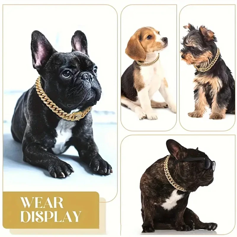 Sparkling Diamond Dog Chain Collar with Safety Clasp, Gold Stainless Steel Cuban Chain Walking Chain for Large Dogs Pet Necklace