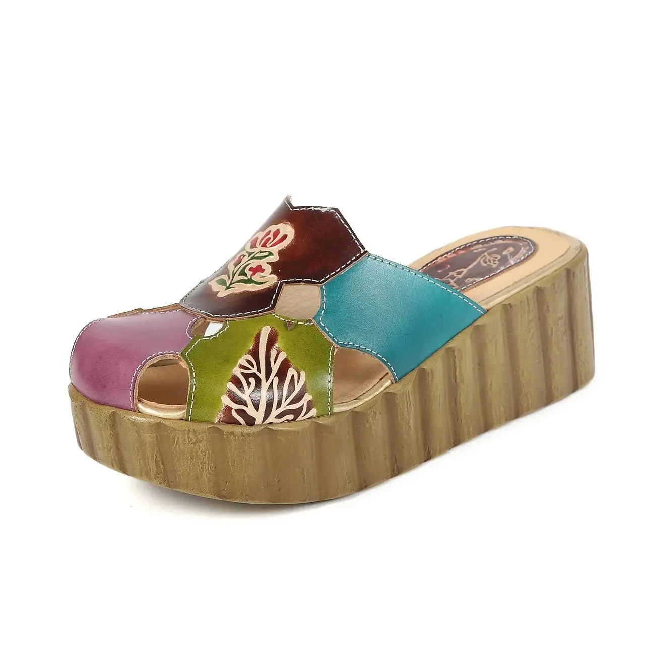 GKTINOO 2024 Wedge Slides Shoes Women Cover Toes High Heels Flower Sandals Summer Female Genuine Leather Platform Slippers