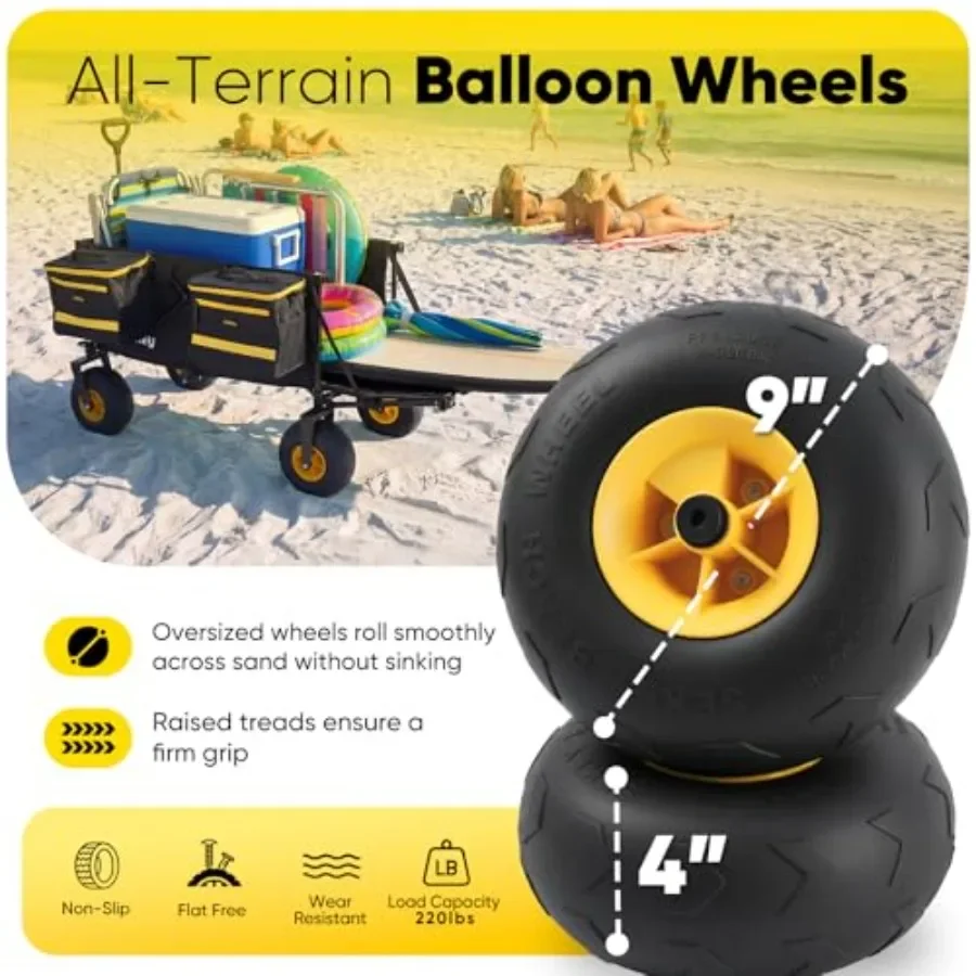 Heavy Duty Beach Wagon for Sand, Camping, Vacation: 9 Sand-Proof Balloon Tires, 300L Foldable Cart with Cooler, Adjustable Hand