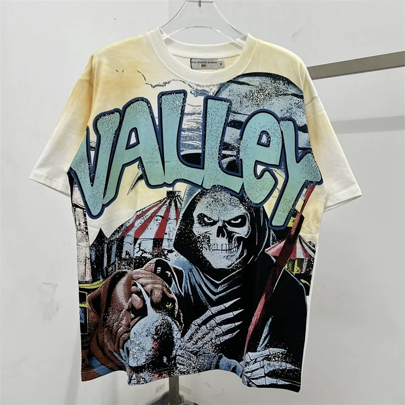 تي شيرت مطبوع عليه جمجمة VALLEY Black Hop Hop للرجال والنساء 1:1 أفضل جودة كبيرة الحجم من القطن الخالص بأكمام قصيرة
