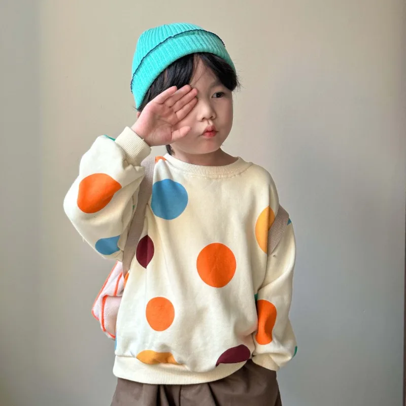 Spring Autumn Boys and girls colorful dot Hoodies unisex Kids soft loose O-Neck sweatshirts children Tops