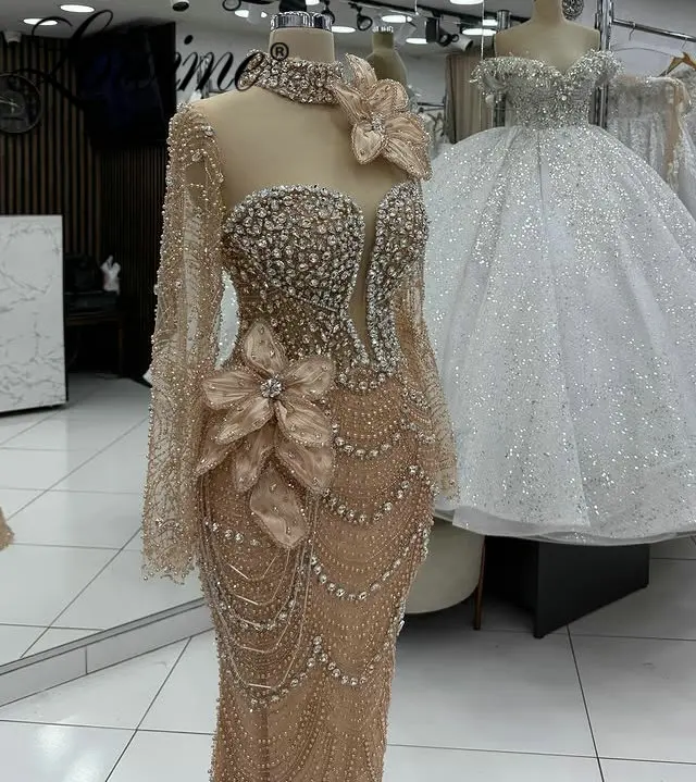 

Сверкающие темные вечерние платья цвета шампанского с высоким воротом и длинными рукавами, элегантные свадебные платья для выпускного вечера по индивидуальному заказу для женщин