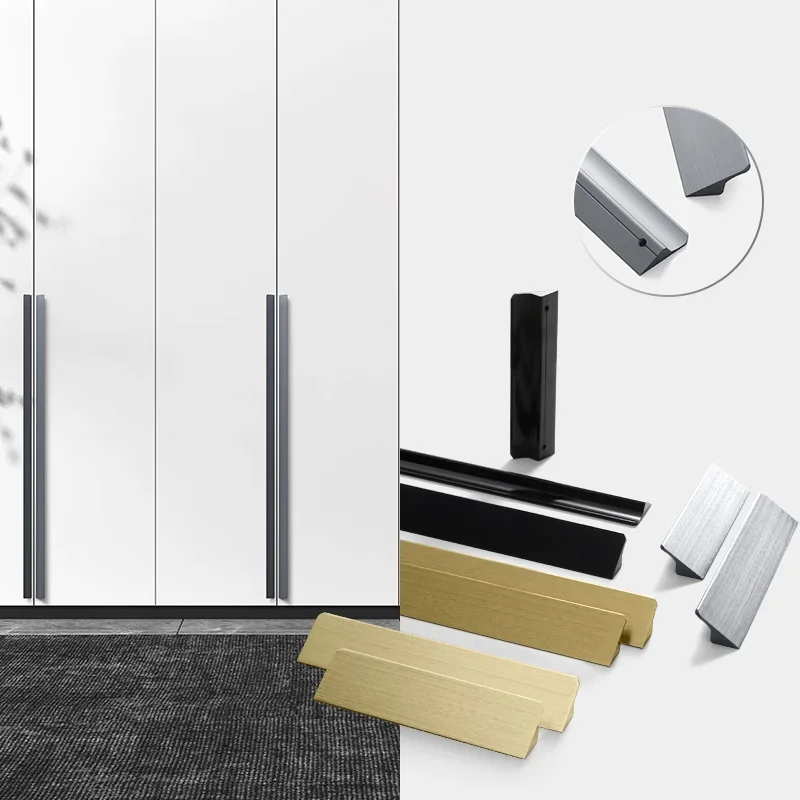 مقبض من سبائك الألومنيوم باللون الأسود بتصميم بسيط، مقبض باب خزانة الملابس، ملحقات أجهزة الأثاث