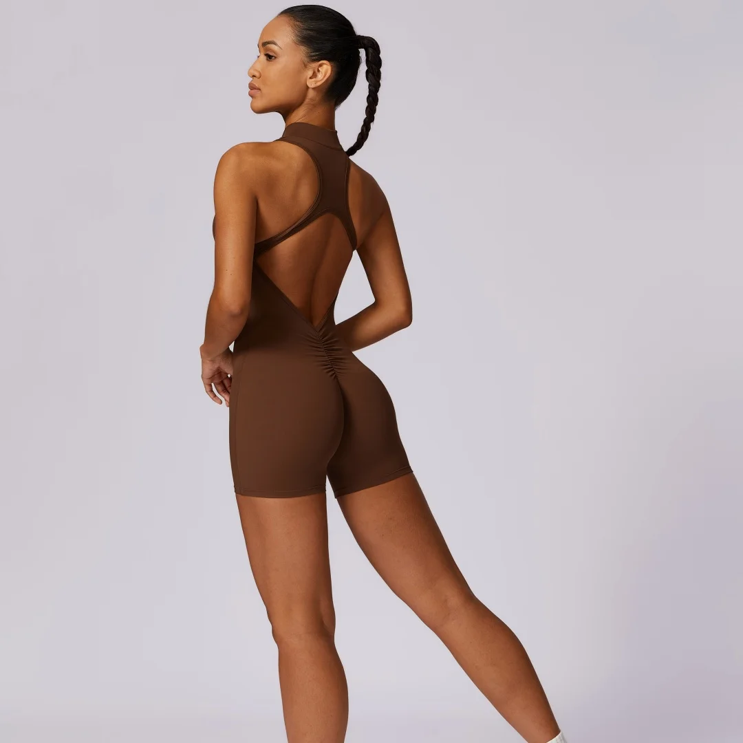 Solid color Backless Back Waist Scrunch Yoga Jumpsuit Short Set Women Zipper Sportswear Fitness One Piece Sports Suit Workout - Image 4