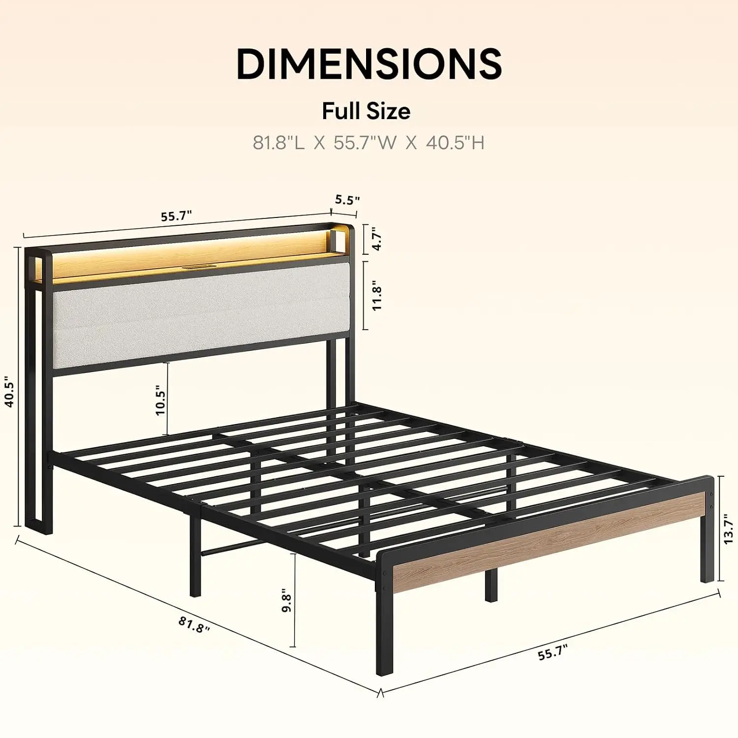 Sherpa Full Bed Frame with LED Headboard & Charging Station, Storage Slats, Noise-Free, Natural & Cream, Customized