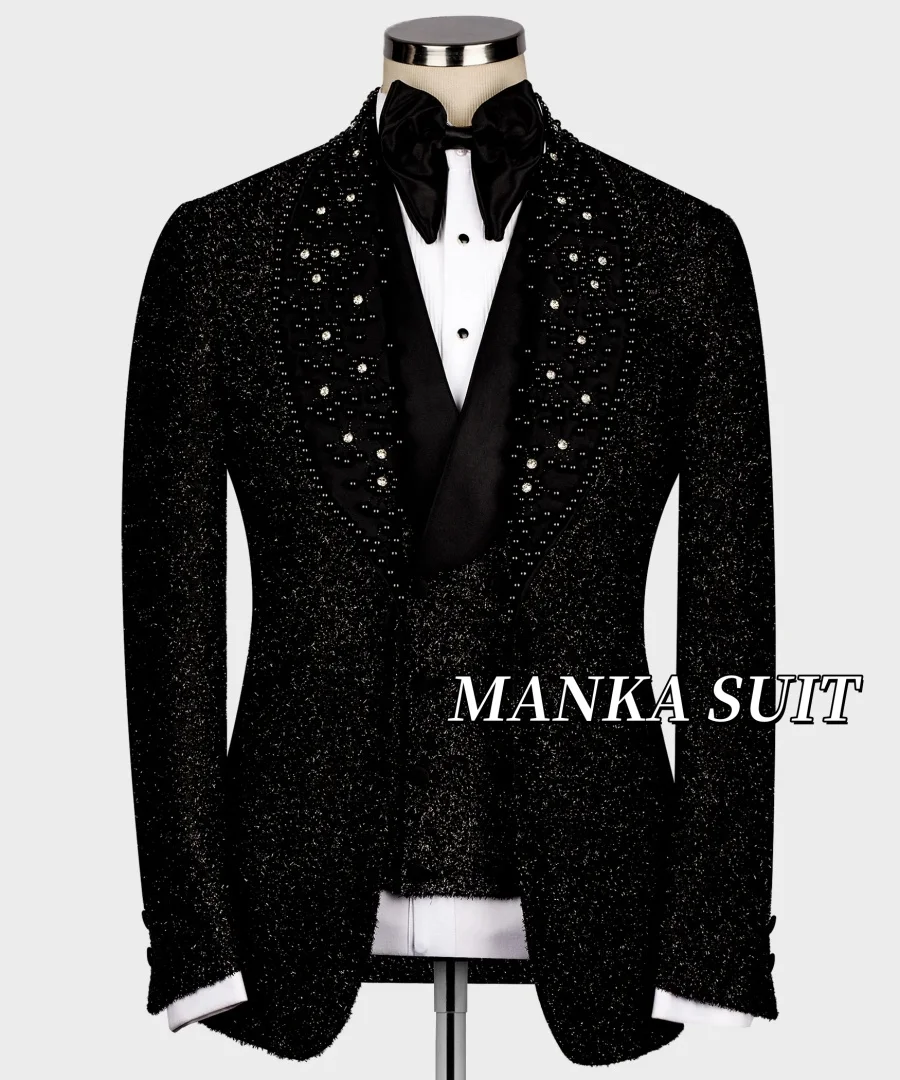 3pcs Luxury Black Wedding Tuxedo Groom Men Suits Slim Fit Crystals Pearls  Blazer Vest Pants Customized Men Costume