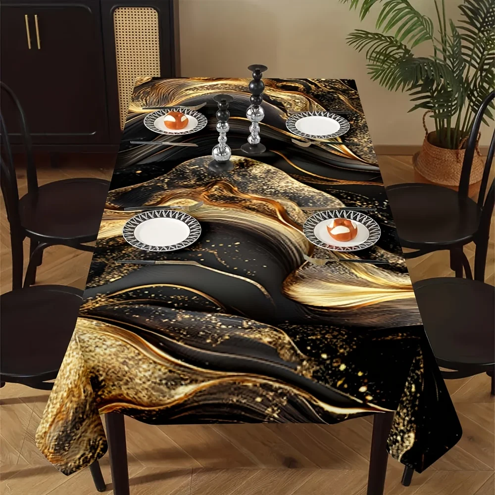 1pc Black and Gold Abstract Fluid Pattern Tablecloth - Suitable for picnics, camping, weddings, etc.zyc
