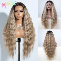 Peluca sintética mágica con malla frontal para mujer, cabellera ondulada de cuerpo largo de 30 "", degradado, marrón, Rubio, resaltado, Cosplay, resistente al calor