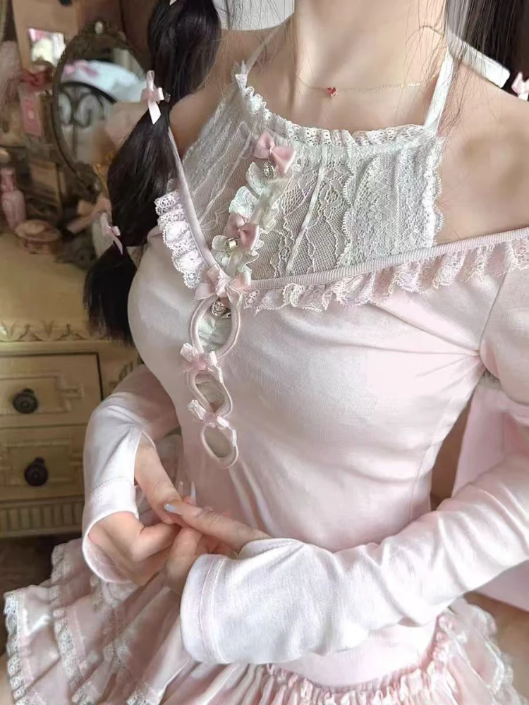 Japanese Lolita Kawaii 3-Piece Set Women Korean Sweet Cute Skirt Suit Female Pink Y2k Blouse + Suspender Vest + Party Mini Skirt image 3