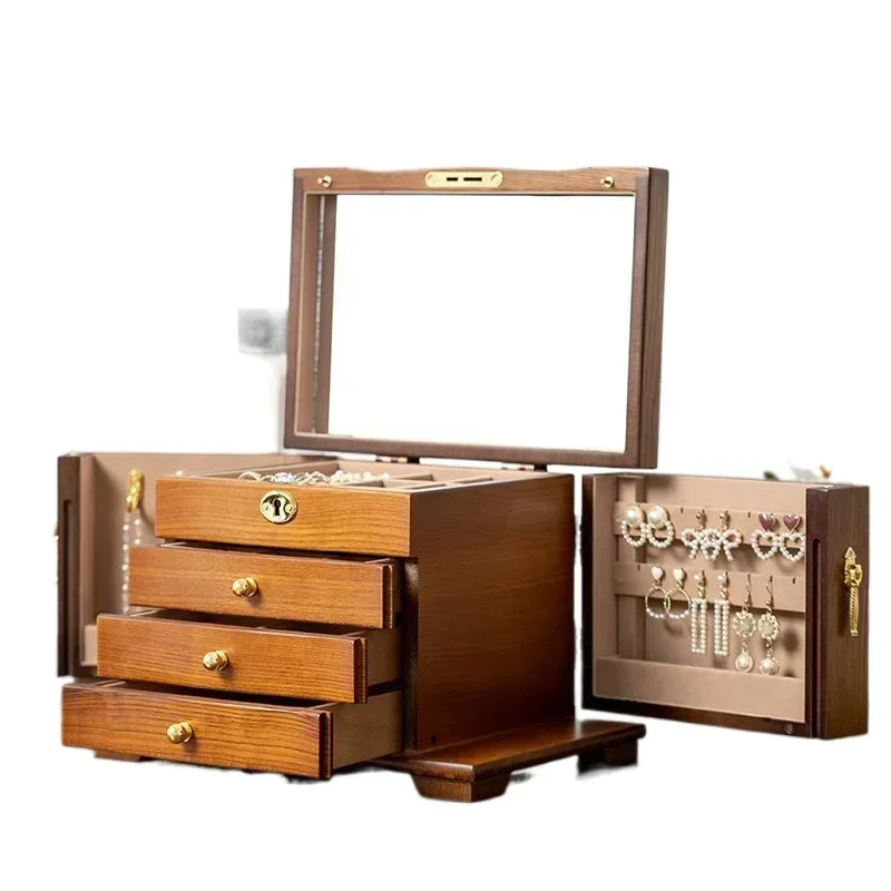 Jewelry box Solid wood large-capacity new high-end wooden multi-layer jewelry necklace storage box Exquisite retro